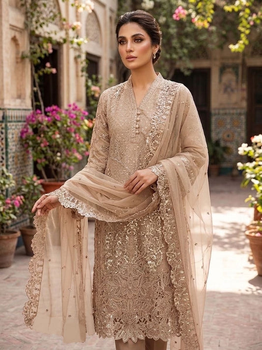 Maria B Inspired Skin Color Embellished Chiffon – Stitched 3pc-RW3-80