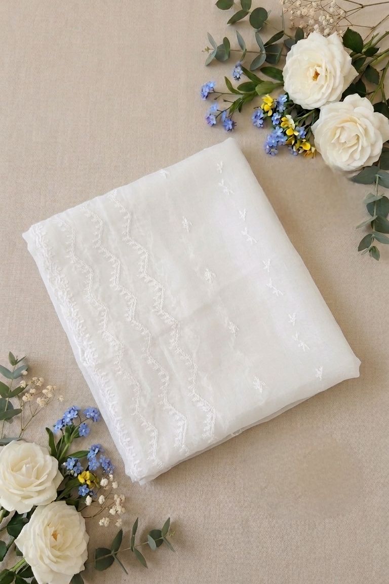 White Embroidered Chiffon Dupatta – D100