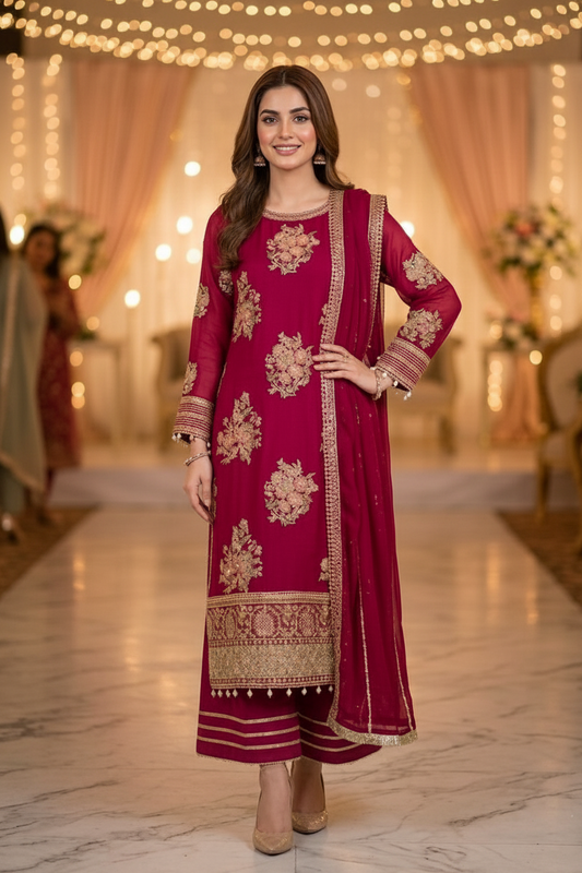 Maria B Inspired Pink Embroidered Chiffon Suit – Stitched 3pc-RW3-126