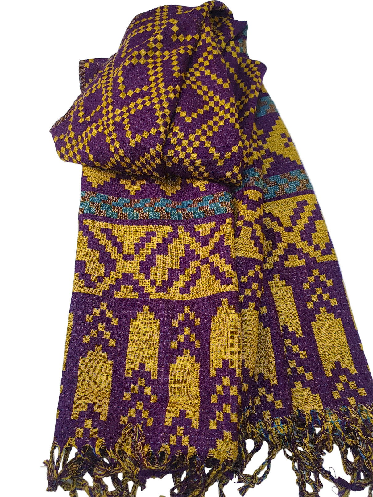 J. Purple and yellow patterned winter shawl with tassels-Online Dubai