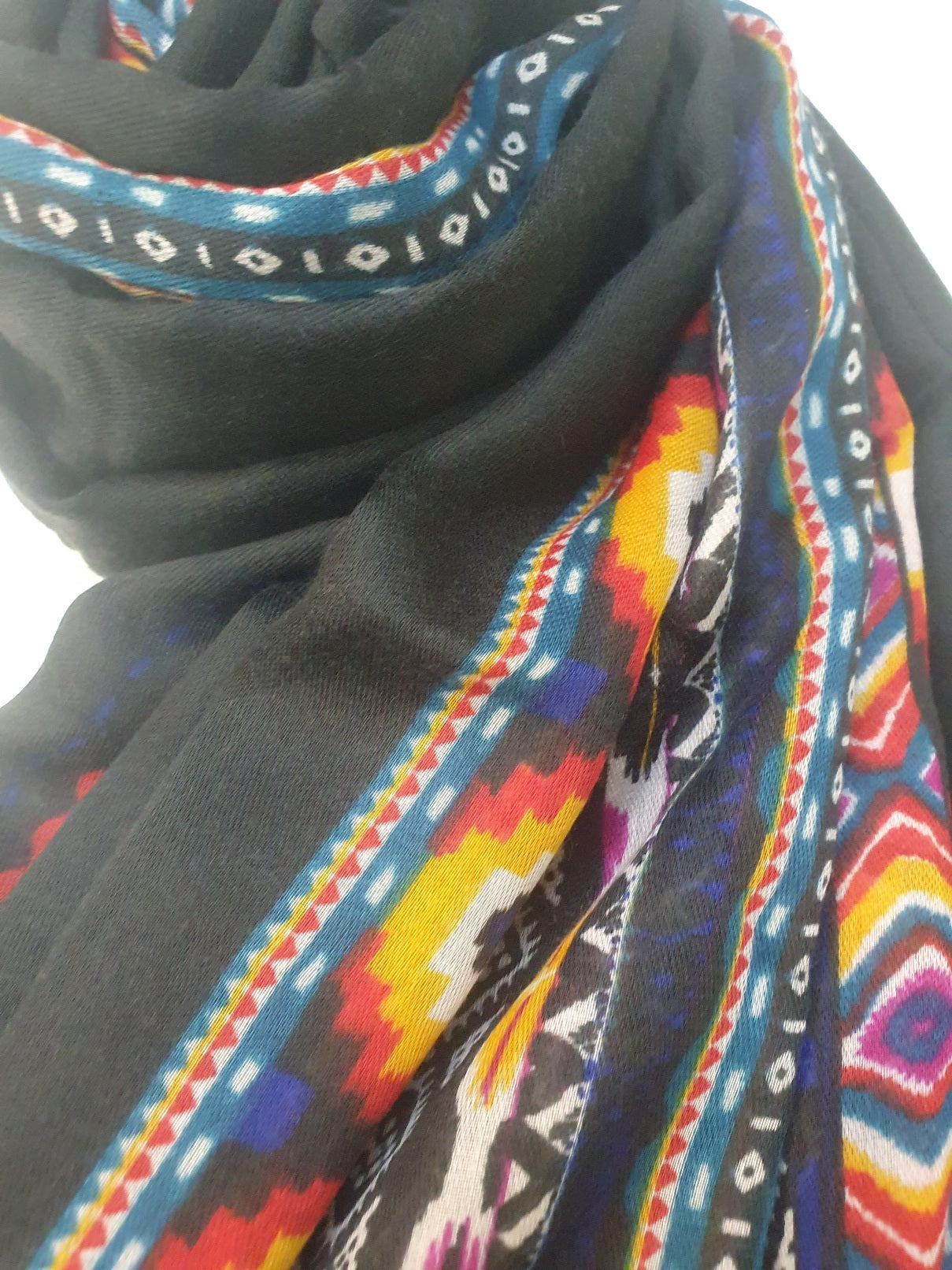 Black scarf with colorful geometric patterns