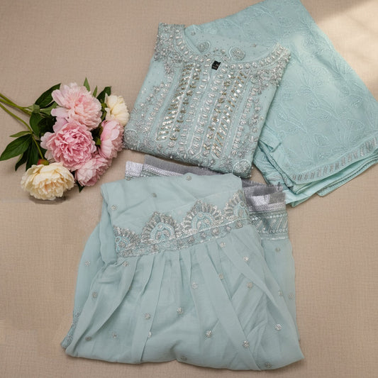 Agha Noor Inspired Aqua Chiffon Gharara Suit – Stitched 3pc-RW3-89