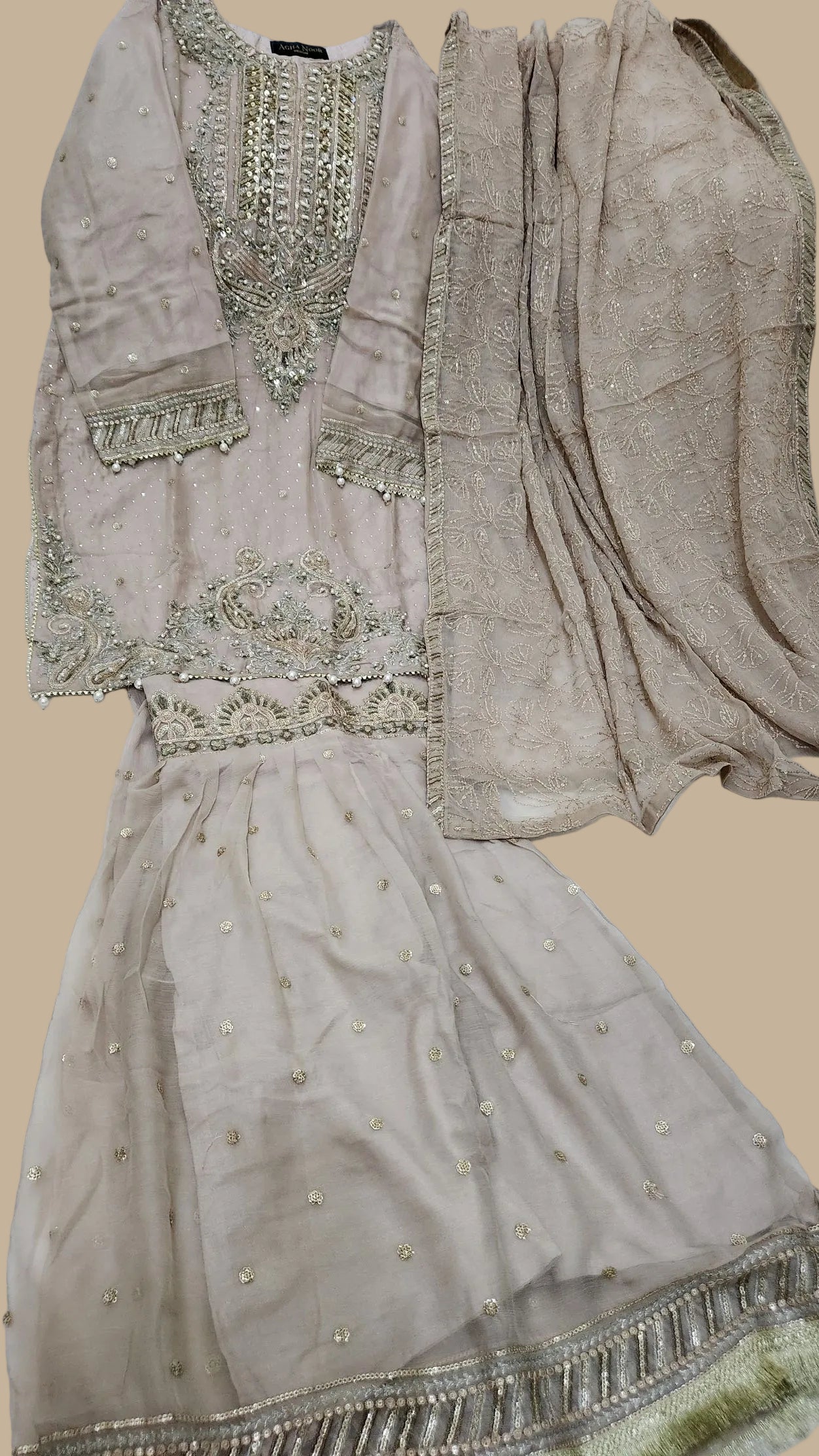 Agha Noor Inspired Skin Chiffon Gharara Suit – Stitched 3pc-RW3-88