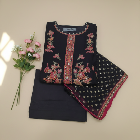 Maria.B Inspired Black Embroidered Chiffon Suit – Stitched 3pc - RW3-112
