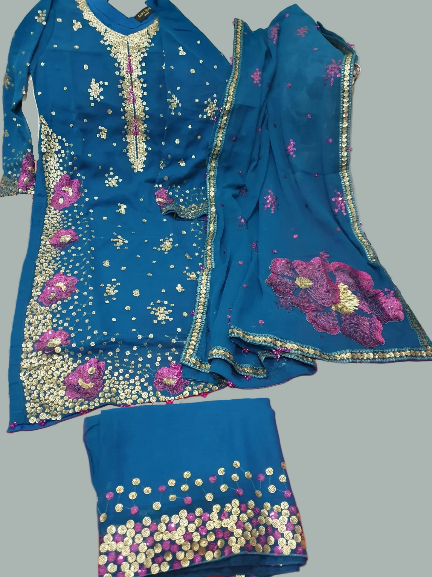Agha Noor Inspired Teal blue Muse Work Chiffon Suit – Stitched 3pc-RW3-114