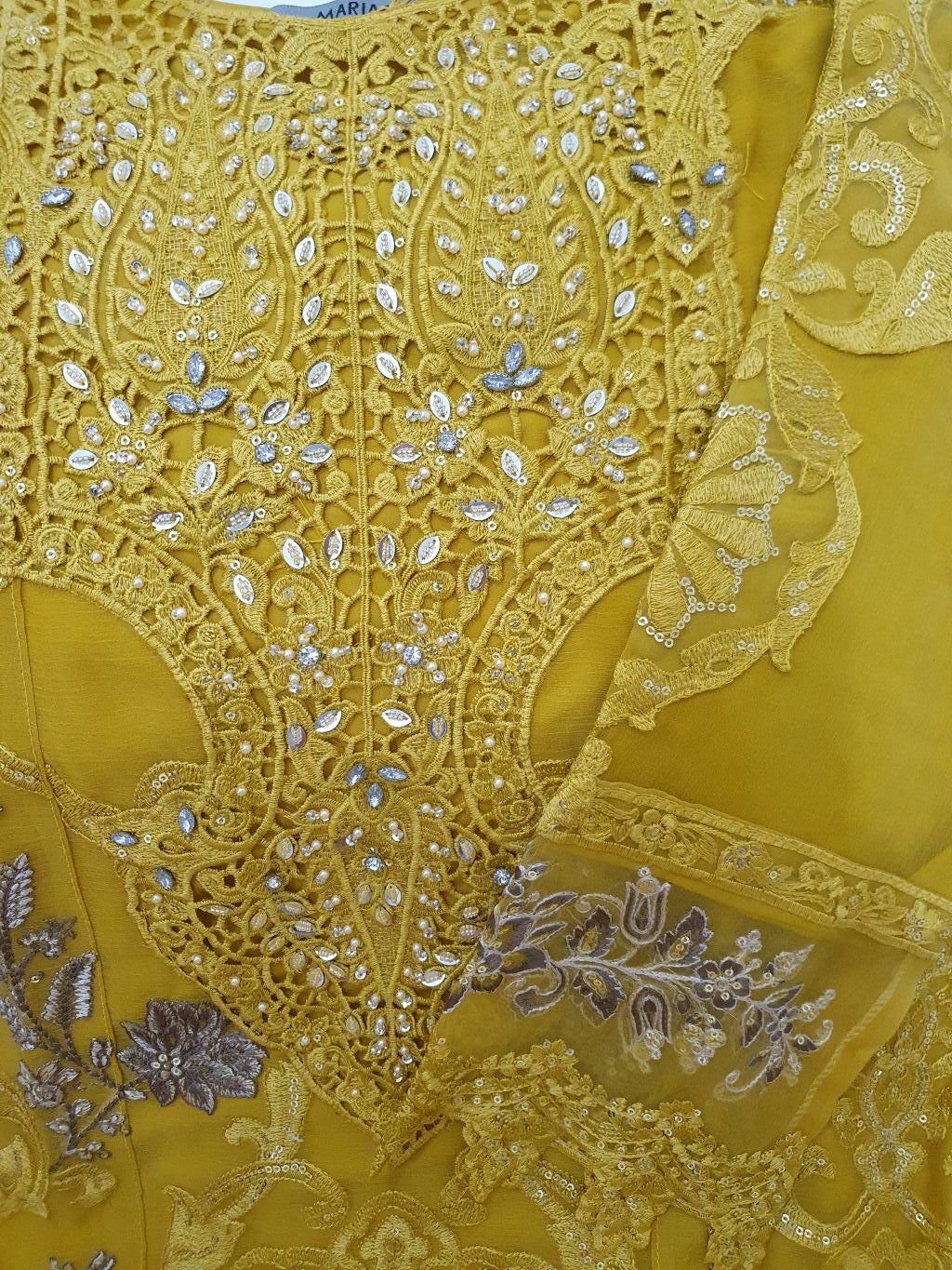 Maria B Inspired Mustard Embroidered Chiffon Suit – Stitched 3pc-RW3-119