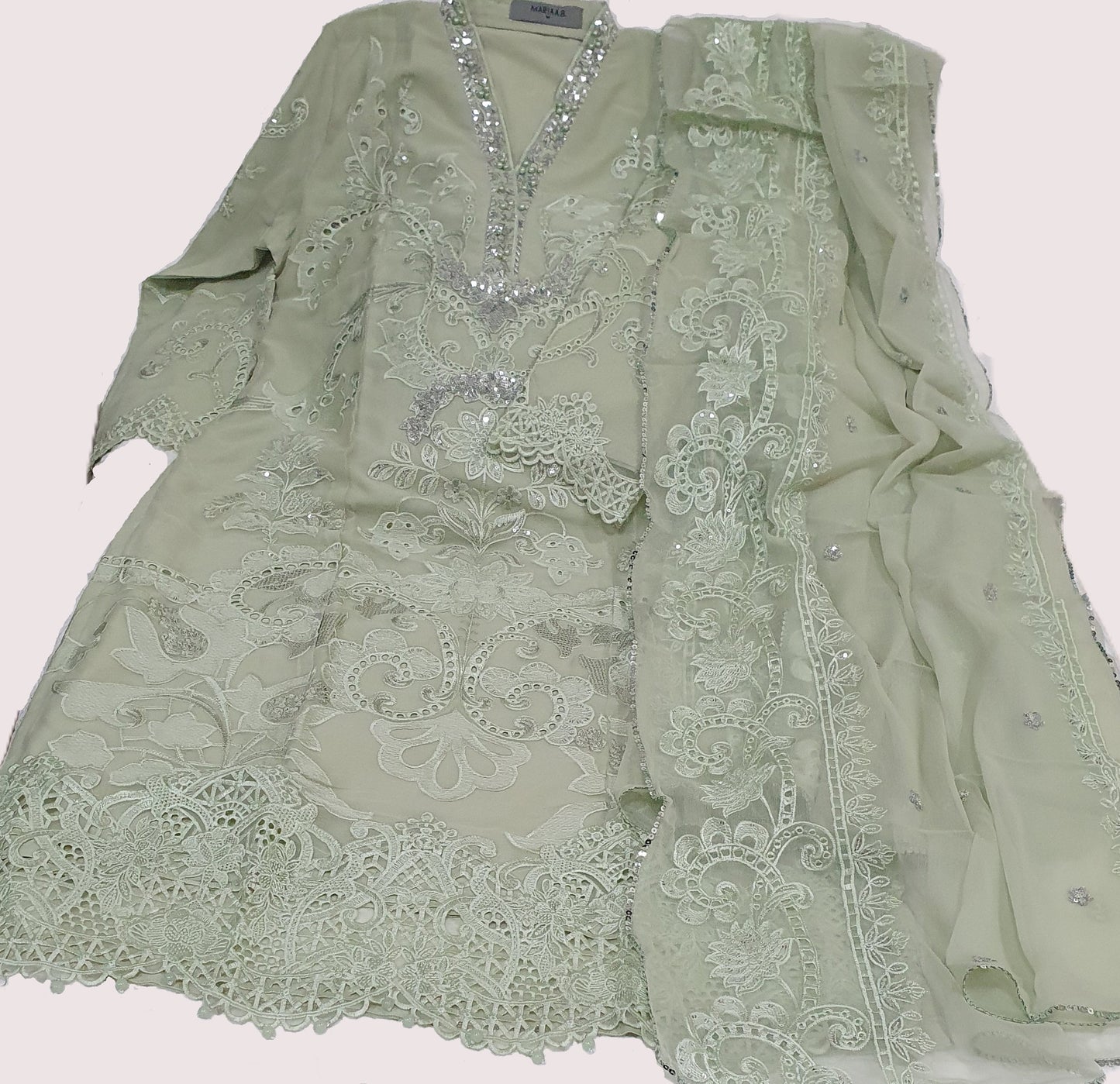 Maria B Inspired Mint Green Embroidered Chiffon Suit – Stitched 3pc-RW3-122 (Copy)