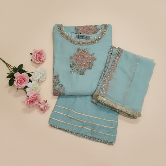 Maria B Inspired Aqua Embroidered Chiffon Suit – Stitched 3pc-RW3-125