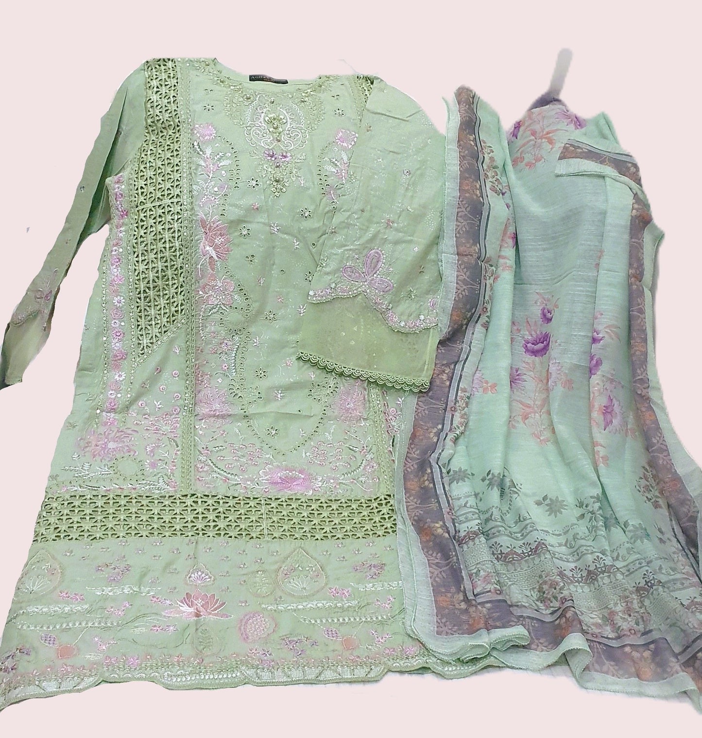 Agha Noor Inspired Mint Green Embroidered Cotton Lawn Suit – Stitched 3pc-RW3-130