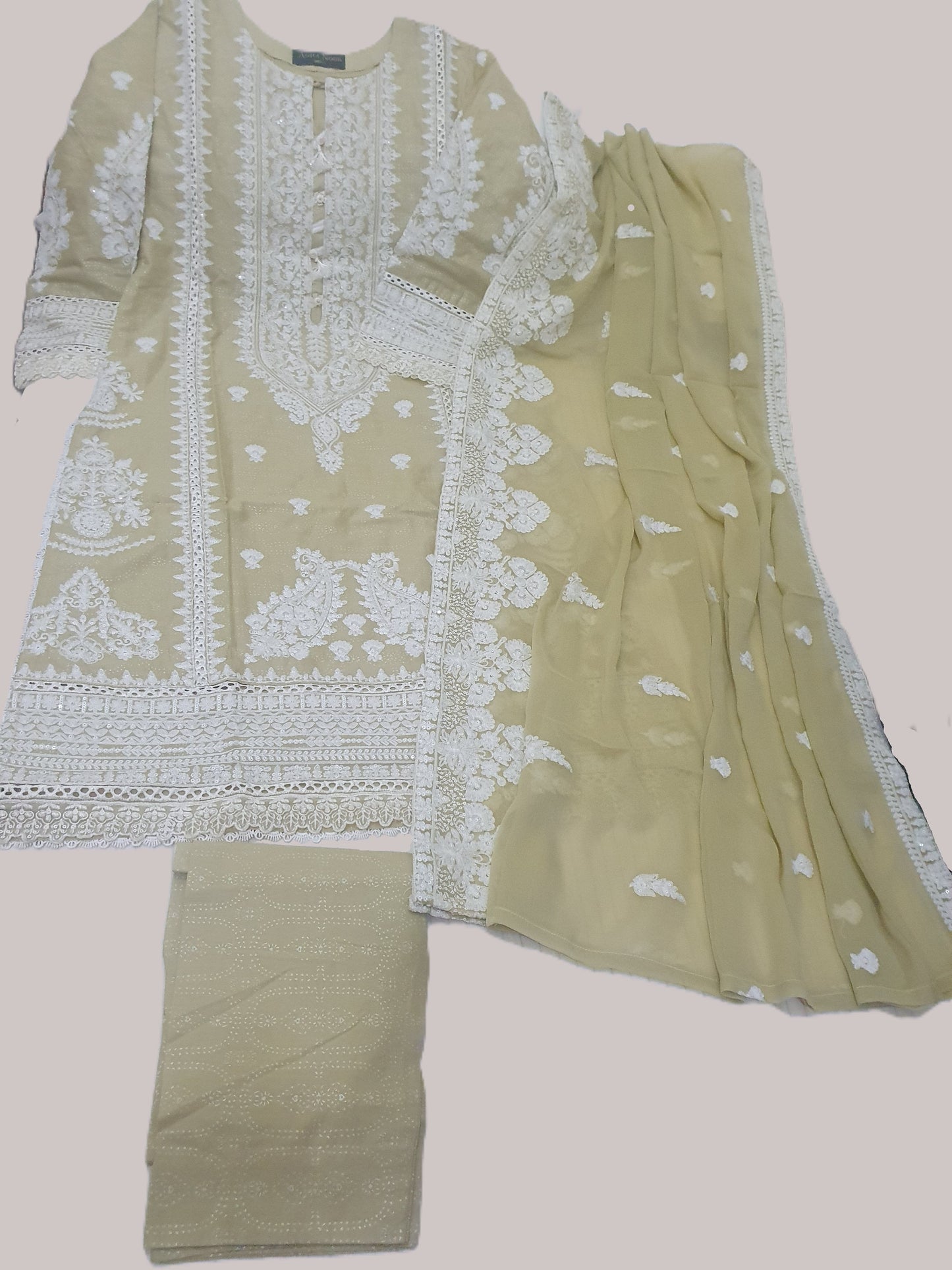 Agha Noor Inspired Olive Green Embroidered Cotton Lawn Suit – Stitched 3pc-RW3-128