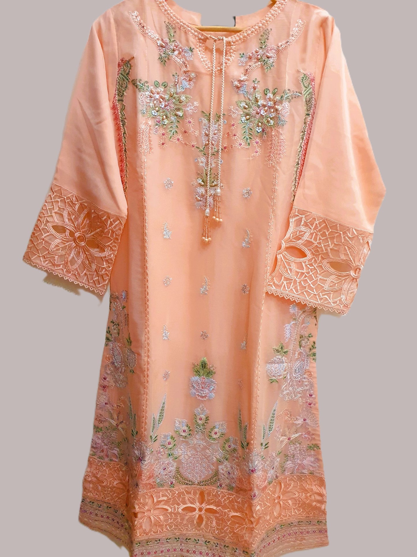 Agha Noor Inspired Peach Embroidered Chiffon Suit – Stitched 3pc-RW3-135