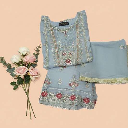 Agha Noor Inspired Blue Embroidered Chiffon Gharara Suit – Stitched 3pc-RW3-174