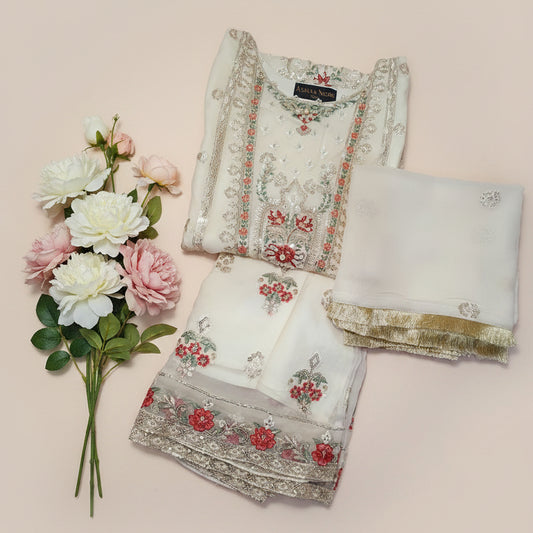 Agha Noor Inspired White Embroidered Chiffon Gharara Suit – Stitched 3pc-RW3-173