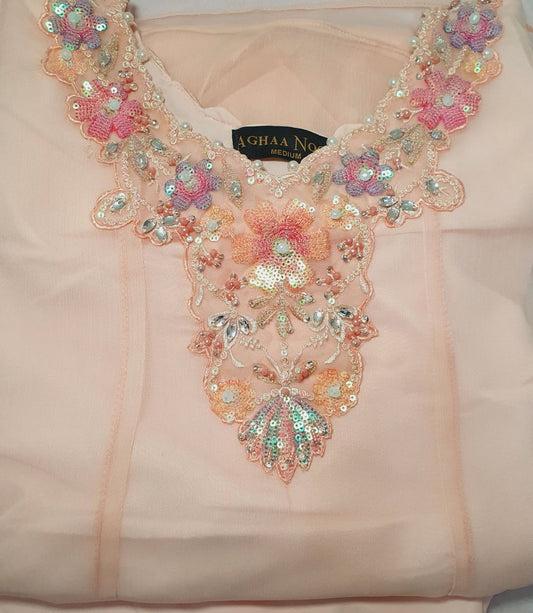 Embroidered Chiffon Peach Pink Maxi – Stitched 3pc-RW3-178