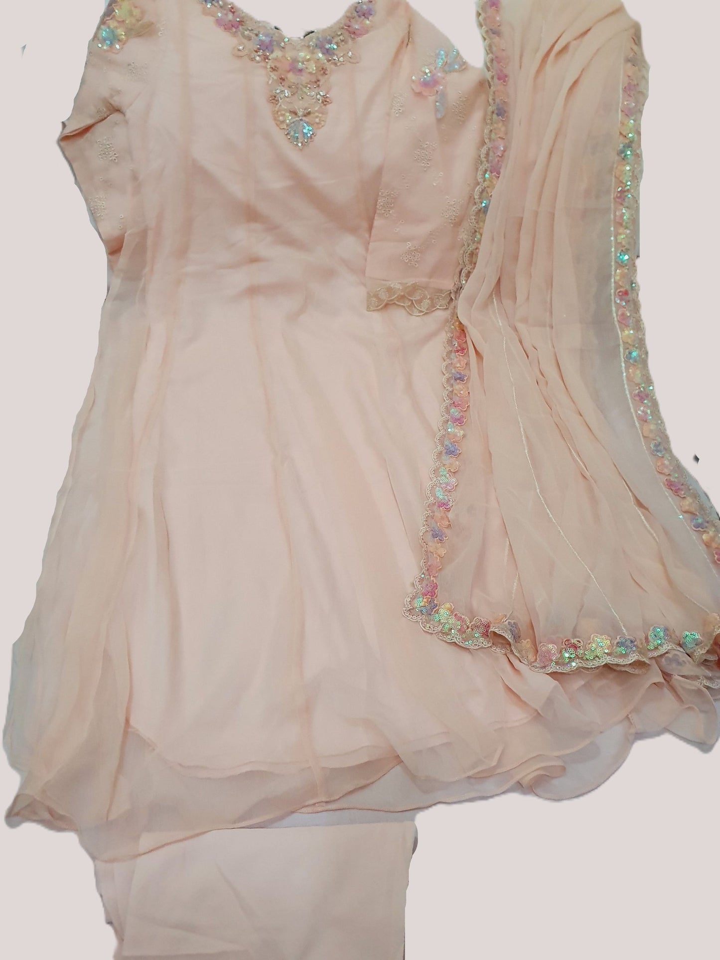 Embroidered Chiffon Peach Pink Maxi – Stitched 3pc-RW3-178