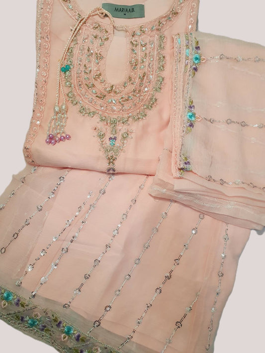 Maria B Inspired Pink Embroidered Chiffon Palazzo Suit – Stitched 3pc-RW3-175
