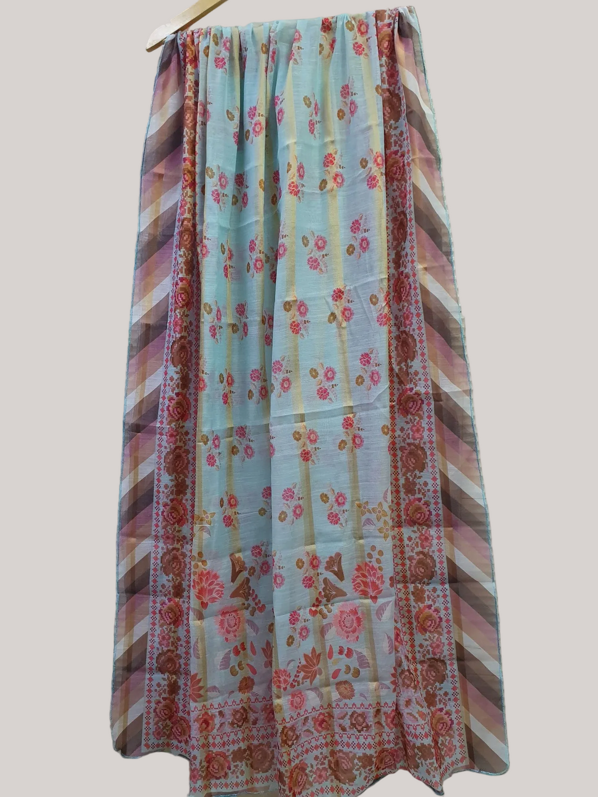 Blue Printed Munar Dupatta with Metallic Stripes-D113