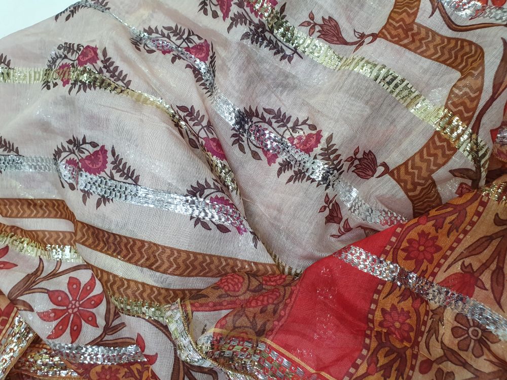 Ivory Floral Print Dupatta with Metallic Stripe Detailing-D111