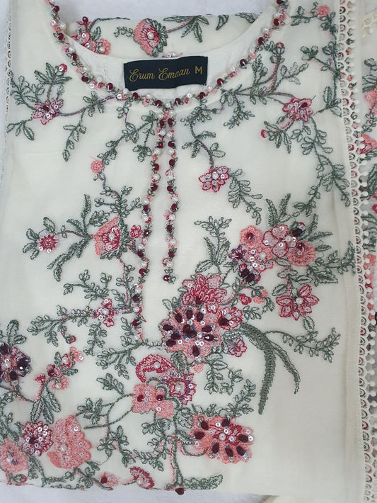 Hussain Rehar Inspired Cream Chiffon Embroidered Frock – Stitched 3pc-RW3-241