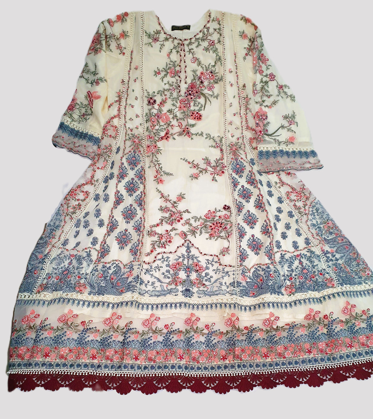 Hussain Rehar Inspired Cream Chiffon Embroidered Frock – Stitched 3pc-RW3-241