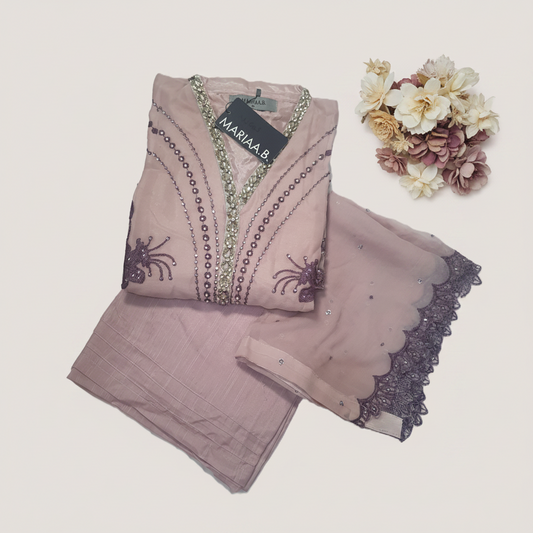 Maria B Inspired Pink Embroidered Chiffon Suit – Stitched 3pc-RW3-160