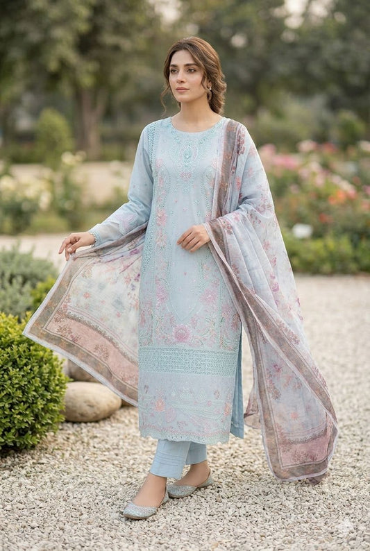 Agha Noor Inspired Blue Embroidered Cotton Lawn Suit – Stitched 3pc-RW3-132