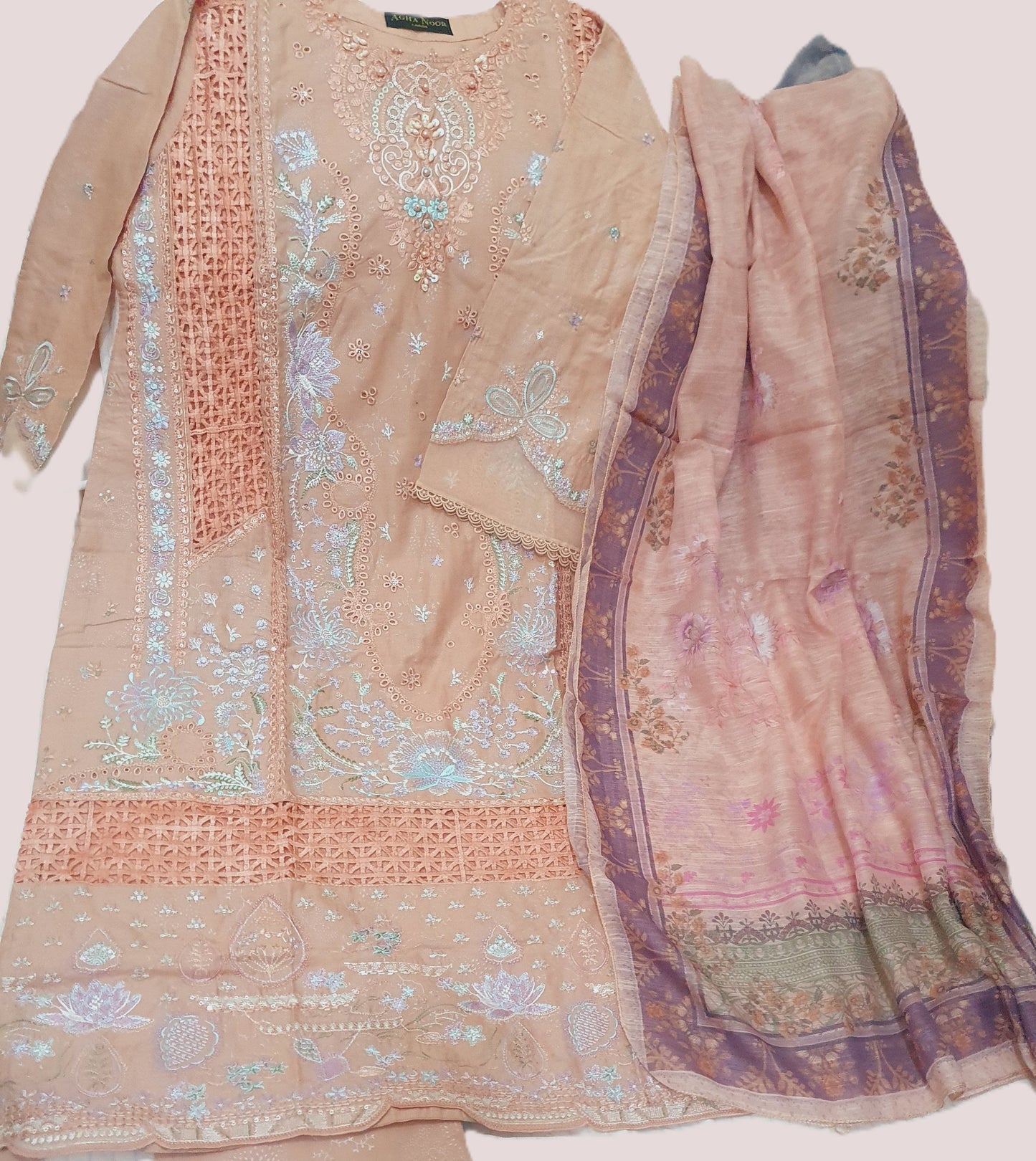 Agha Noor Inspired Peach Embroidered Cotton Lawn Suit – Stitched 3pc-RW3-131