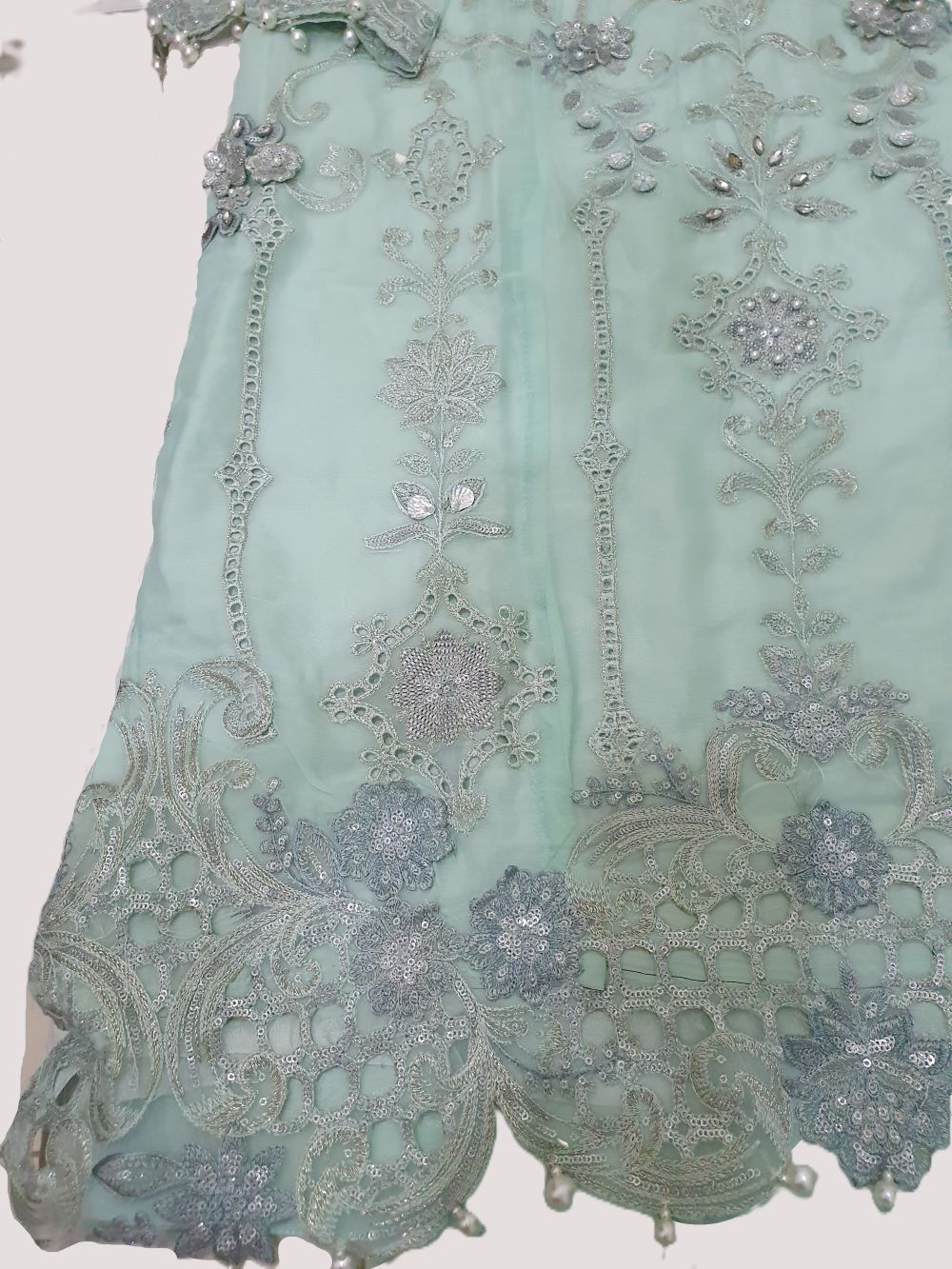 Maria B Inspired Aqua Embroidered Chiffon Suit – Stitched 3pc-RW3-138