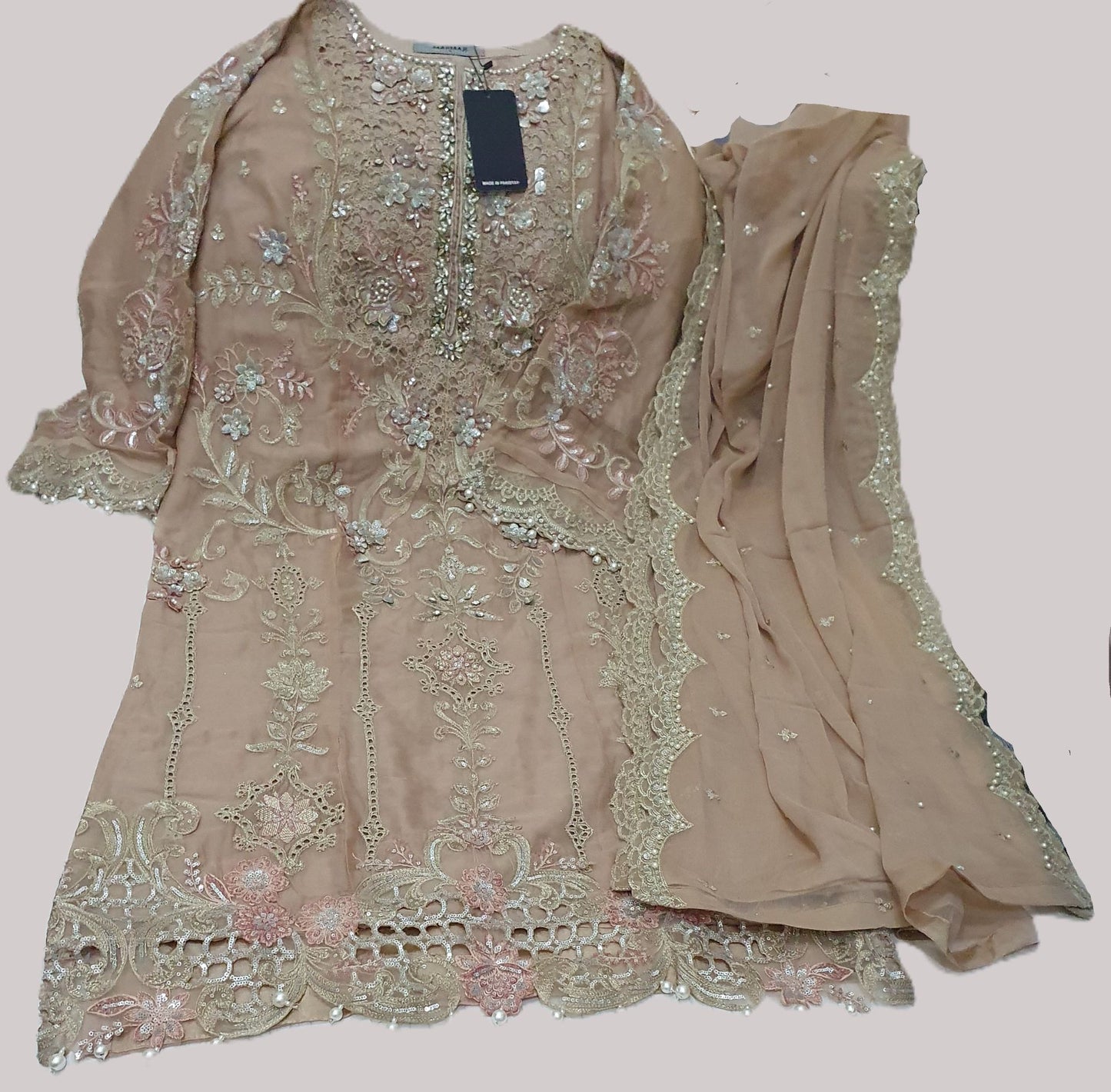 Maria B Inspired Beige Embroidered Chiffon Suit – Stitched 3pc-RW3-136