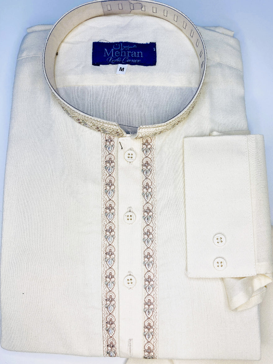 Close-up of Men's Embroidered cream shalwar kameez- Khaas Trends Dubai
