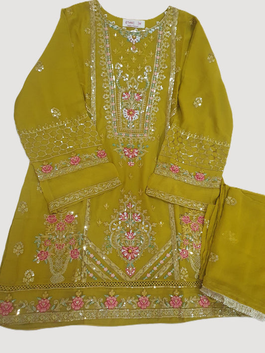 ETHNIC Inspired Mustard Chiffon Gharara – Stitched 3pc-RW3-242