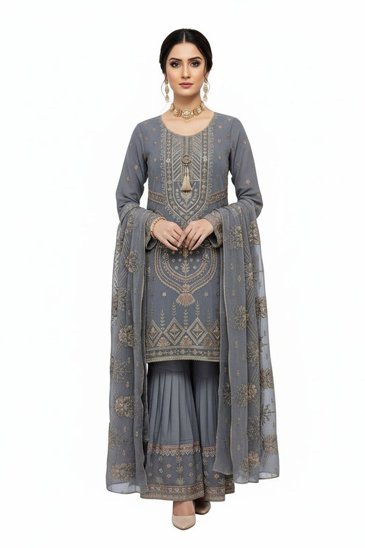 Grey chiffon gharara detail view - stitched 3 piece Pakistani bridal outfit for Mehndi and Walima