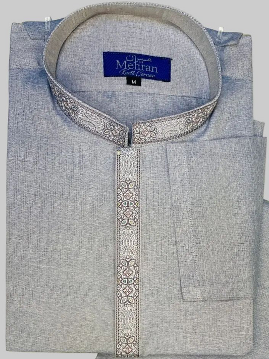 Men’s Embroidered Grey Shalwar Kameez – Stitched - MRW09