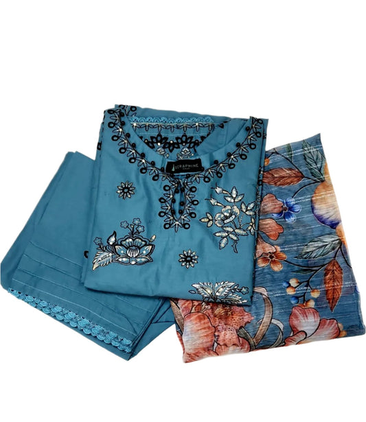 A blue embroidered lawn suit with a dupatta and pants for Women-khaas Trends Dubai