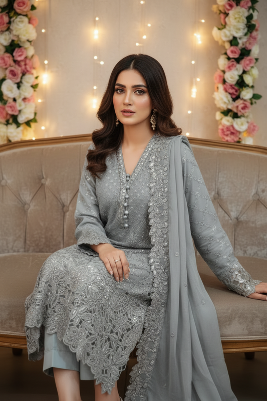 Maria B Inspired Grey Embellished Chiffon – Stitched 3pc-RW3-81