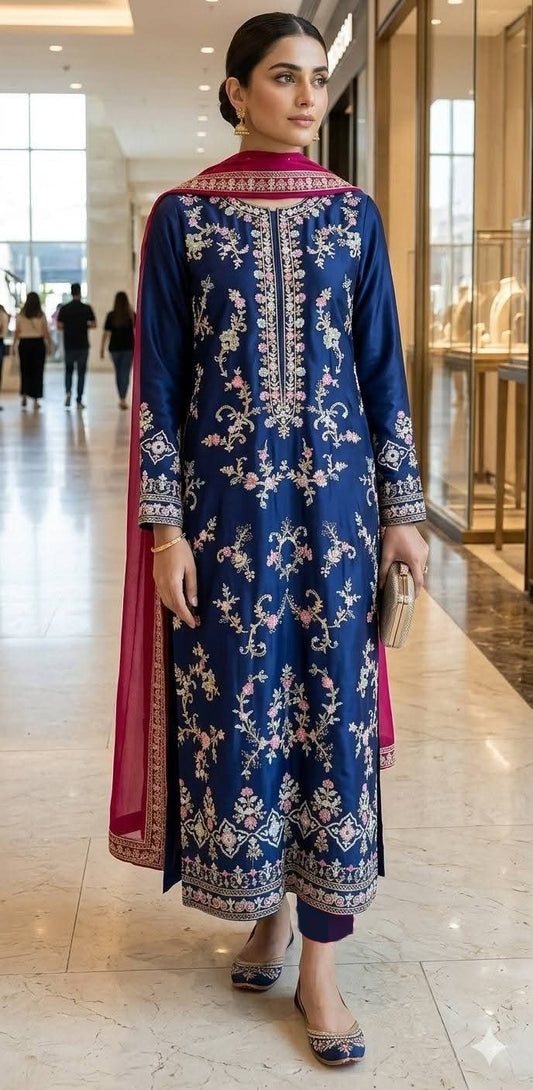 Blue Embroidered Silk Suit – Stitched 3pc-RW3- 99