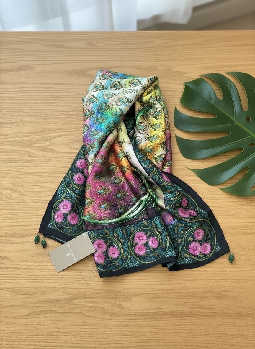 Colorful patterned scarf on a wooden surface with a green leaf