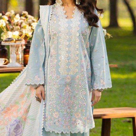 Blue lawn stitched suit showing intricate embroidery detail and contemporary silhouette