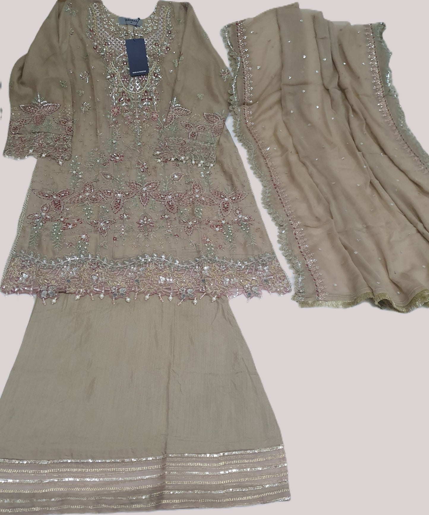 Maria B Inspired Beige Embroidered Chiffon Suit – Stitched 3pc-RW3-148