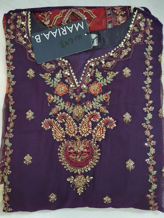 Maria B Inspired Plum Embroidered Chiffon Shalwar kameez – Stitched 3pc-RW3-227