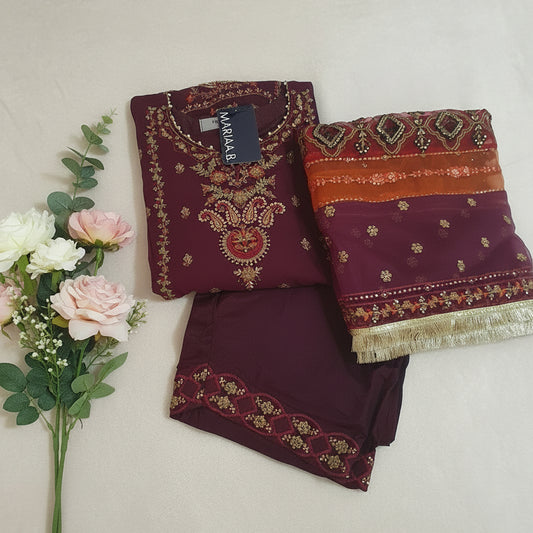 Maria B Inspired Maroon Embroidered Chiffon Shalwar kameez – Stitched 3pc-RW3-226