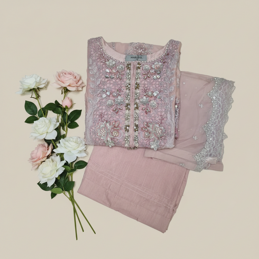 Maria B Inspired Mauve Embroidered Chiffon Suit – Stitched 3pc-RW3-139