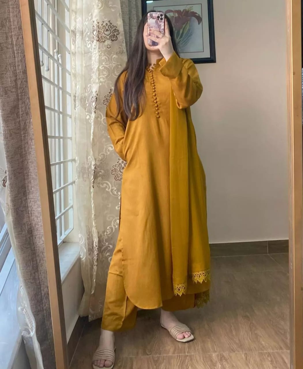 Mustard cotton 3-piece stitched suit with lace embroidery and chiffon dupatta