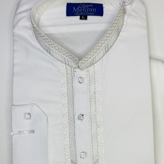 Men's off-white stitched shalwar kameez close-up – Pakistani ethnic wear | KhaasTrends