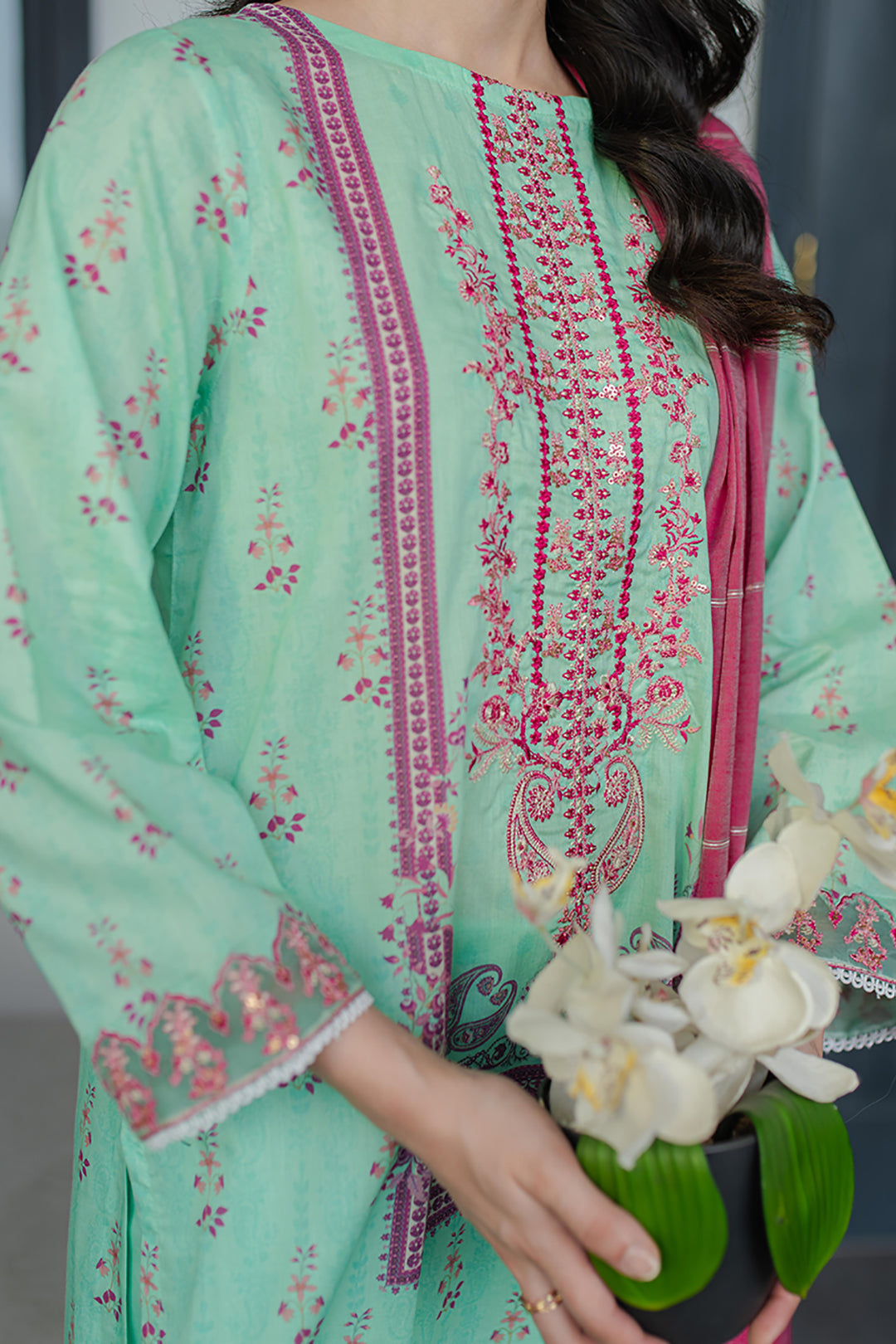 Embroidered neckline on zellbury Lawn Shirt- Women Fashion