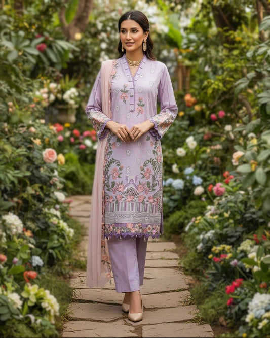 Agha Noor Inspired Purple Embroidered Lawn Cotton Suit–Stitched 3pc-RW3-96