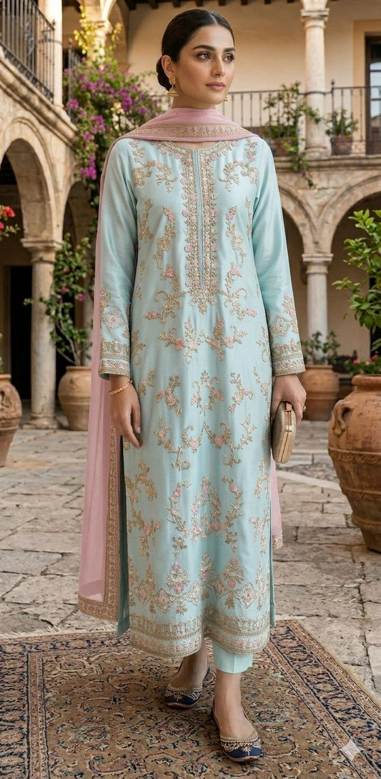 Aqua Embroidered Silk Suit – Stitched 3pc-RW3-98