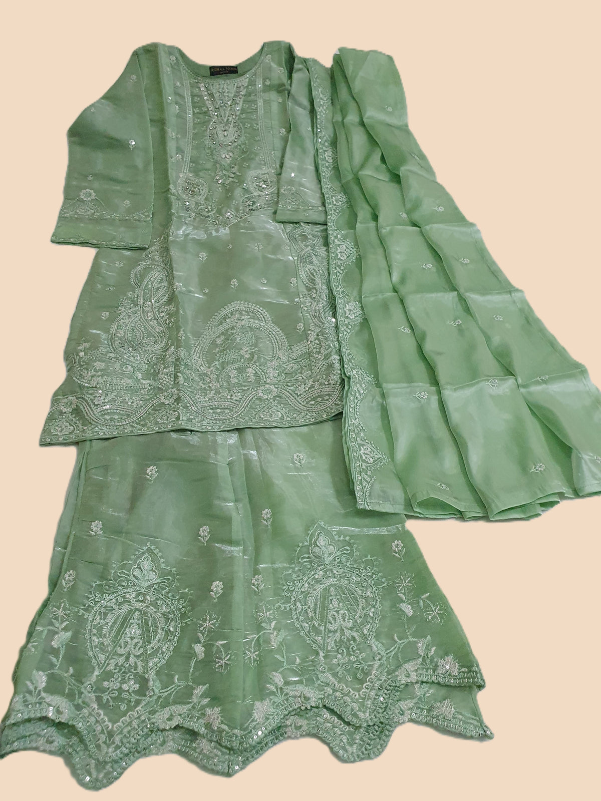 Agha Noor Inspired Green Embroidered Sheesha Silk Palazzo Suit – Stitched 3pc-RW3- 225