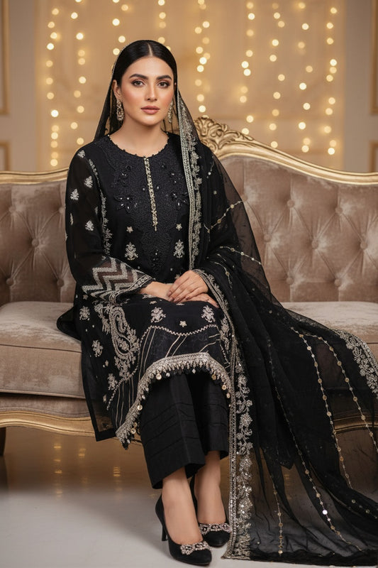 Maria.B Inspired Black Embroidered Chiffon Suit – Stitched 3pc - RW3-109