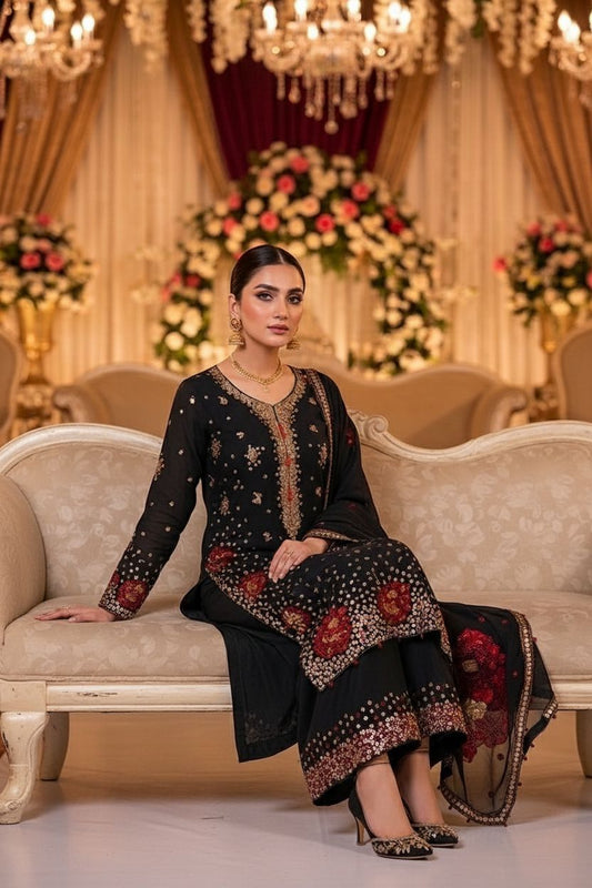 Agha Noor Inspired Black Muse Work Chiffon Suit – Stitched 3pc-RW3-116